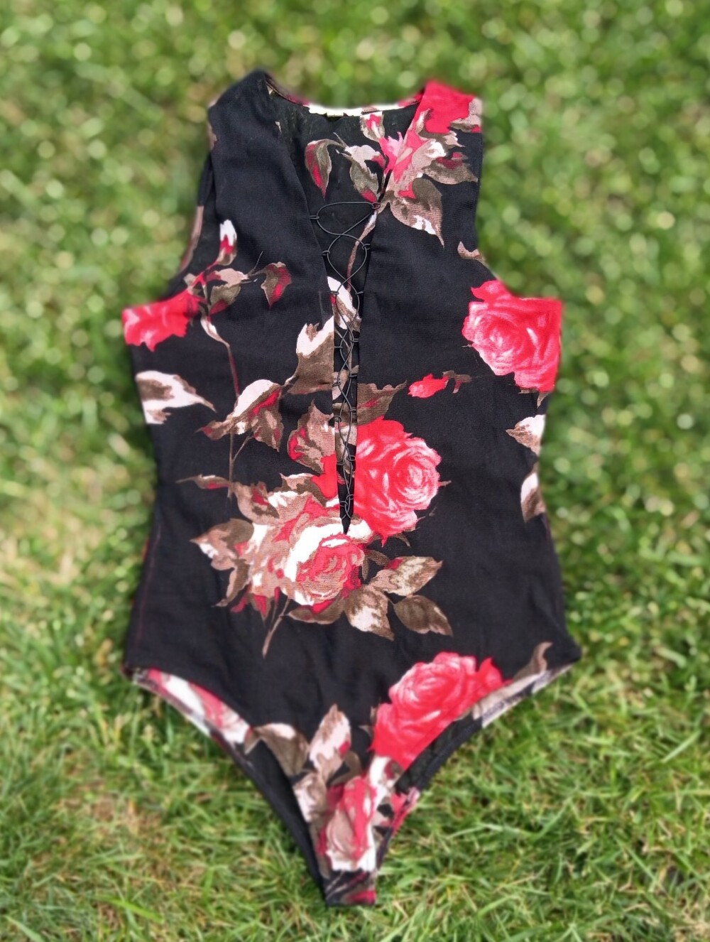 Dark Coquette Rose Lace Up Mesh Bodysuit Romantic Goth Floral Femme Fatale Top L